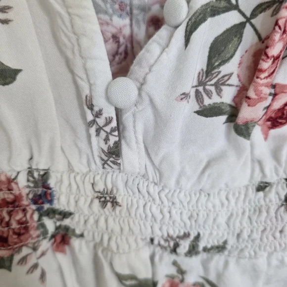 Floral V-Neck Summer Dress - White with Pink Rose Print - Picture 5 of 7
